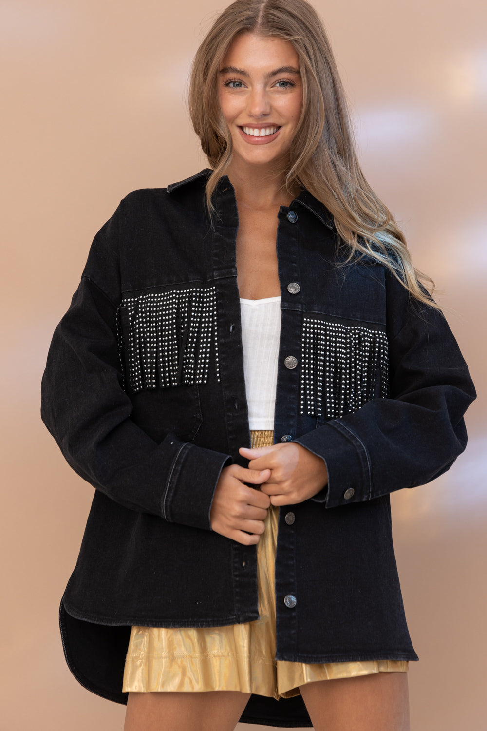 DENIM BOYFRIEND FIT STUDDED FRINGE JACKET