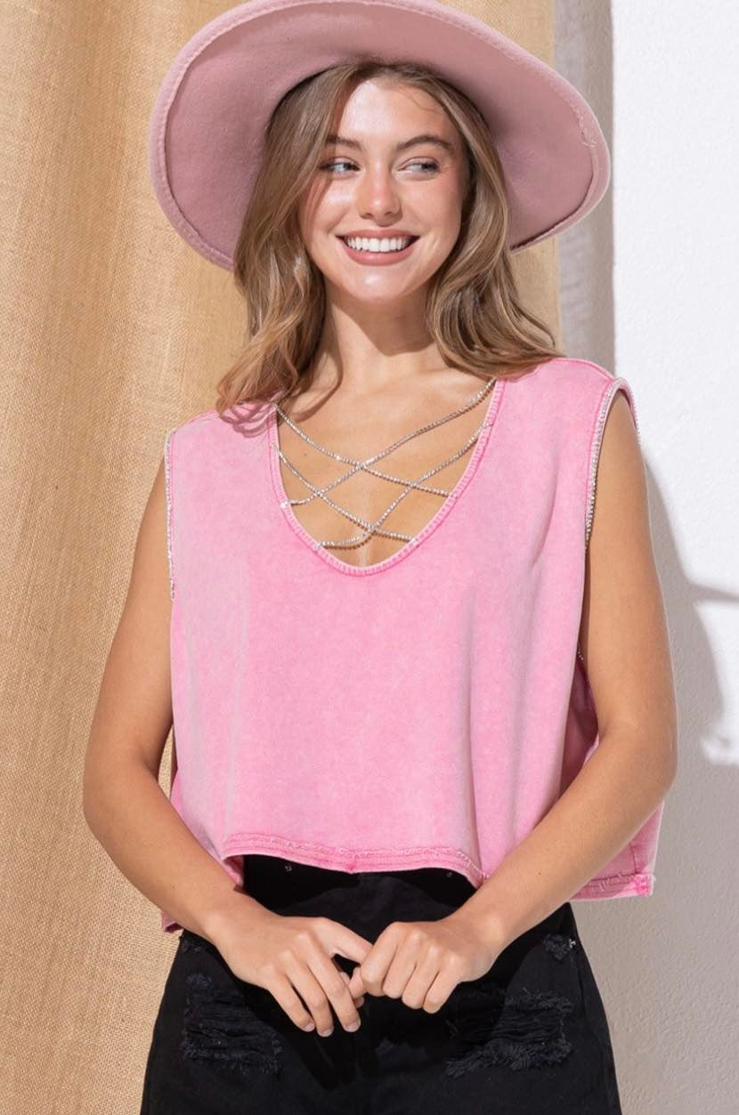 SALE- RHINESTONE MINERALWASH CROP TOP