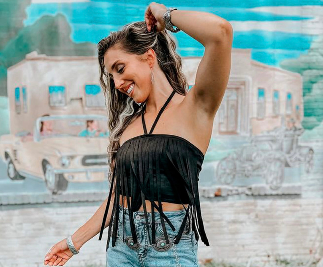 Sale- FAUX SUEDE FRINGE CROP TOP