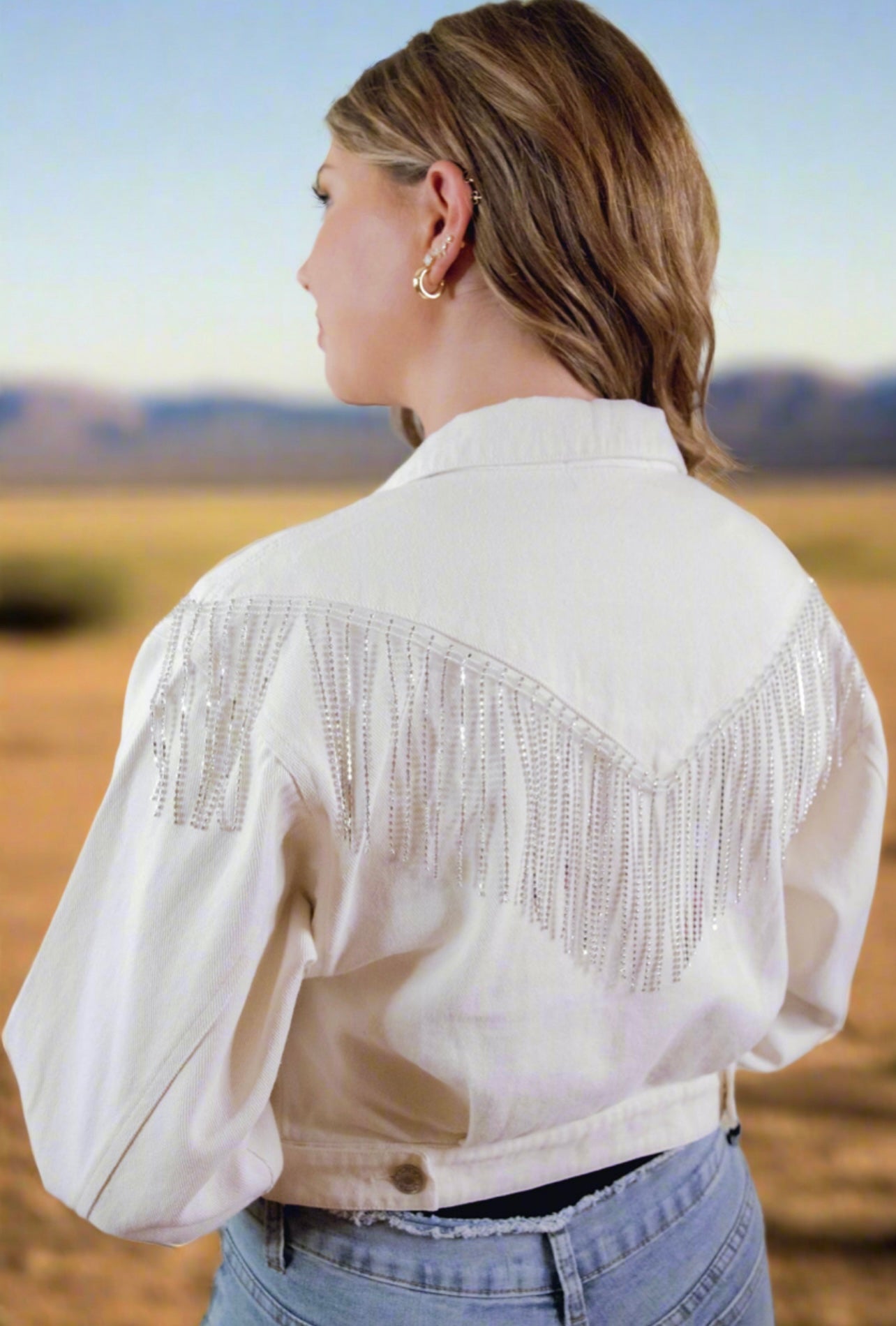 RHINESTONE FRINGE OFF-WHITE DENIM JACKET-PLUS SIZE