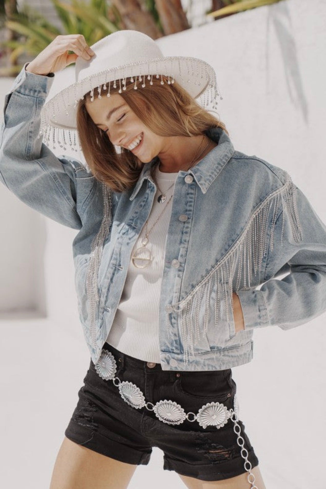 Sale- RHINESTONE FRINGE DENIM JACKET-PLUS SIZE
