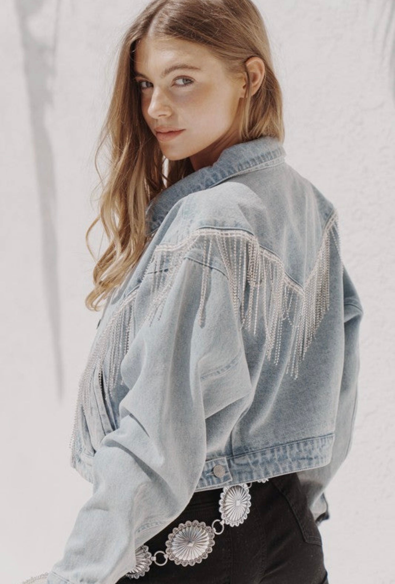 Sale- RHINESTONE FRINGE DENIM JACKET-PLUS SIZE
