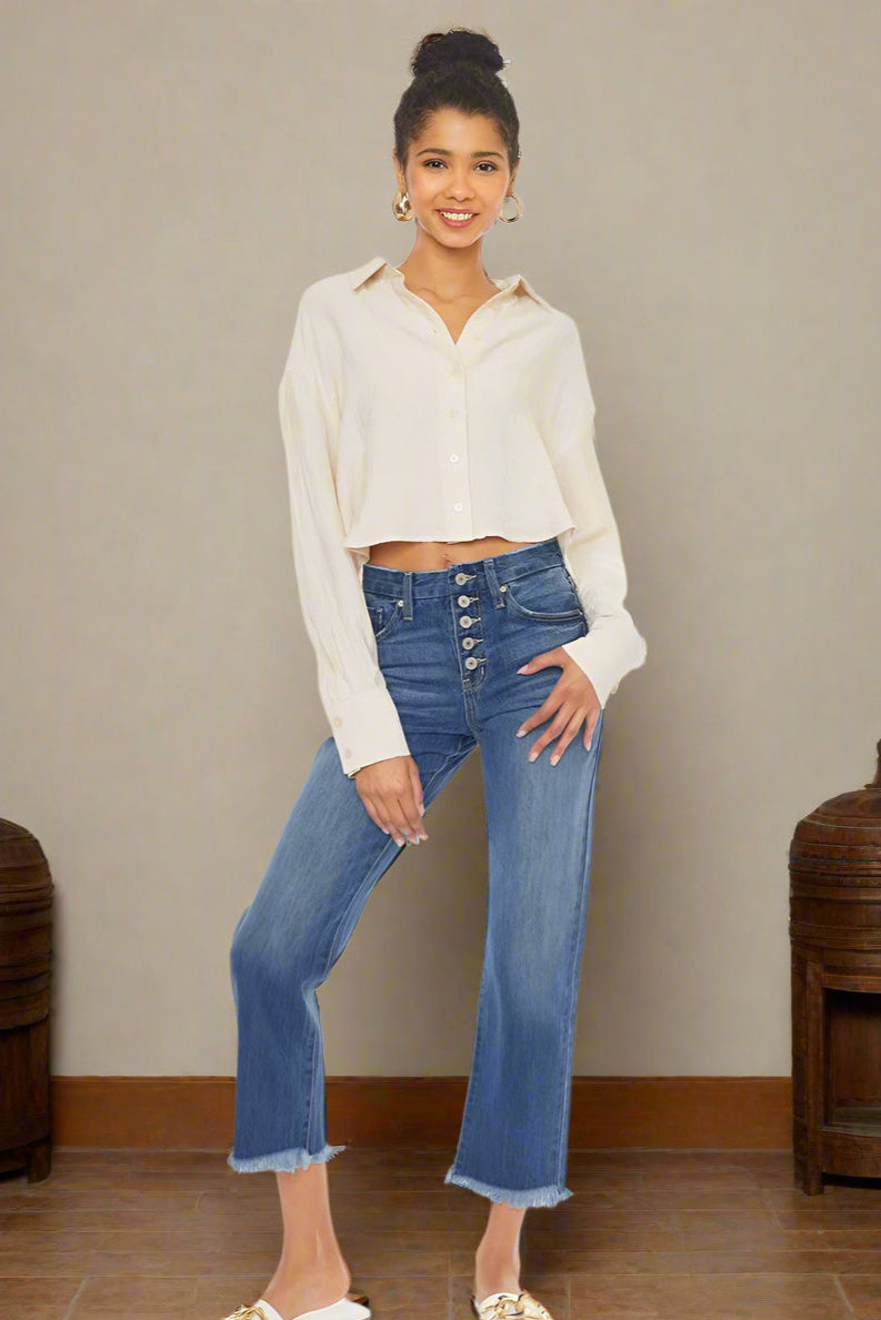MOM JEANS FRINGE BOTTOM
