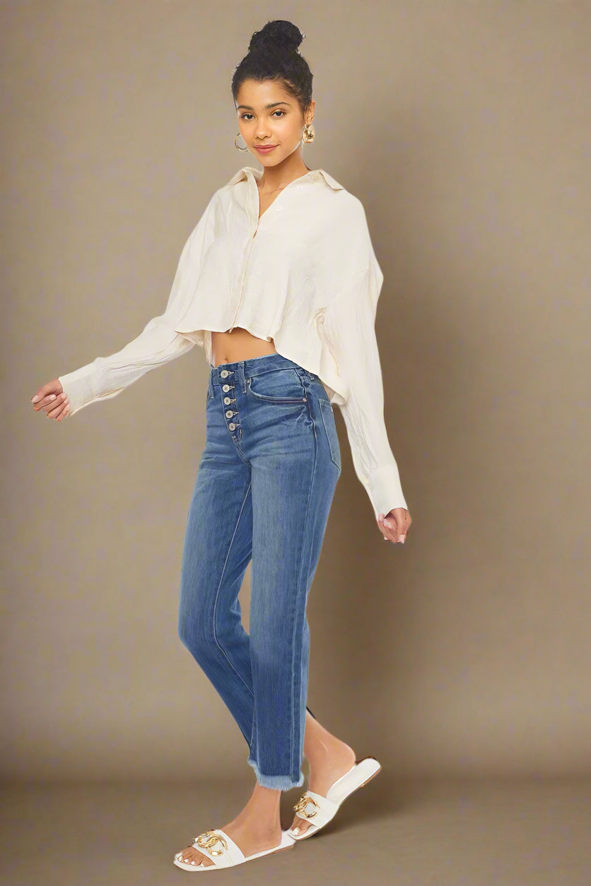 MOM JEANS FRINGE BOTTOM